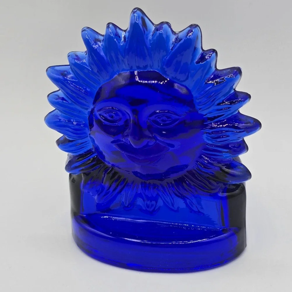 Vintage 1990s Cobalt Blue Glass Sun Celestial Tea Light Votive Candle Holder